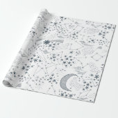 White and Blue Starry Moon Pattern Cadeaupapier (Uitgerold)