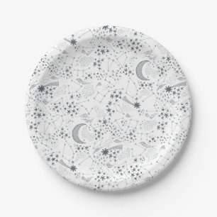 White and Blue Starry Moon Pattern Papieren Bordje