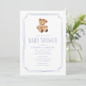 White and Blue Teddy Bear Baby Shower Invitation Aankondiging (Staand voorkant)