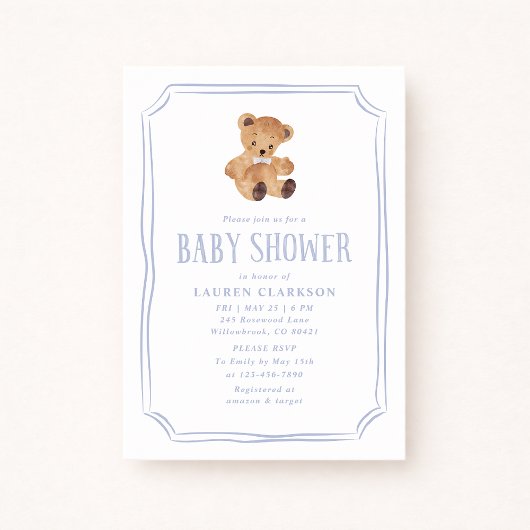 White and Blue Teddy Bear Baby Shower Invitation Aankondiging
