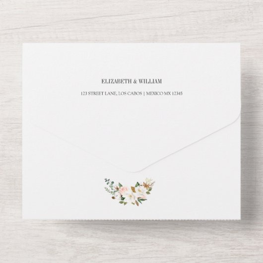 White and Blush Pink Magnolia Floral Weduwfoto All In One Uitnodiging (Achterkant)