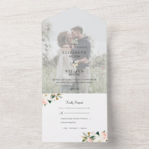 White and Blush Pink Magnolia Floral Weduwfoto All In One Uitnodiging