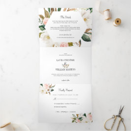 White and Blush Pink Magnolia Floral Weduwfoto Drieluik Uitnodiging