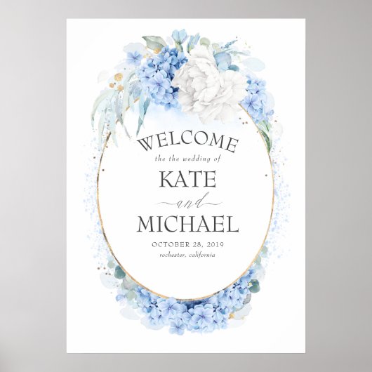 White and Dusty Blue Floral Wedding Welcome Poster (Voorkant)