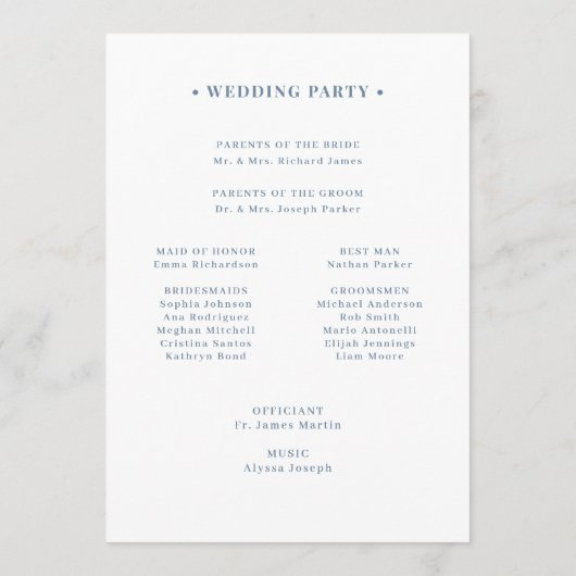 White and Dusty Blue | Luxe Wedding Welcome Programmakaart (Achterkant)