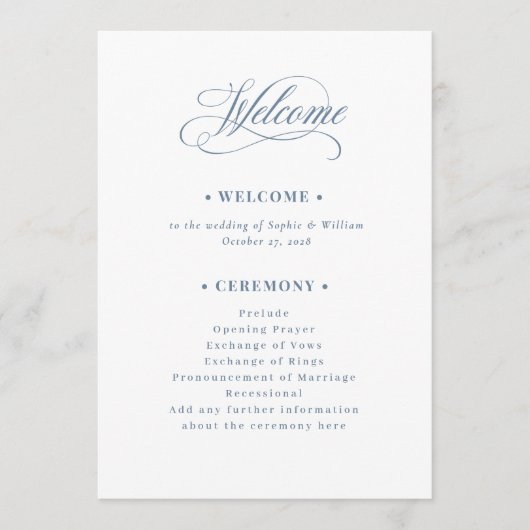 White and Dusty Blue | Luxe Wedding Welcome Programmakaart (Voorkant)