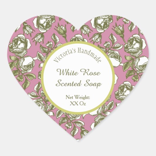 White and Faux Gold Rose on Pink Editable Soap Hart Sticker (Voorkant)