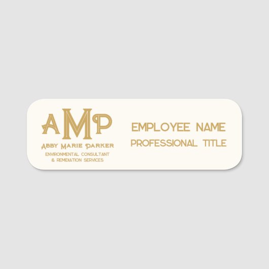 White and Gold 3 Letter Monogram Business Employee Naamplaatje (Voorkant)