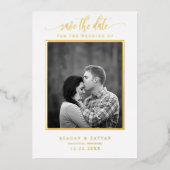 White and Gold Calligraphy Photo Save the Date Folie Uitnodiging (Voorkant)