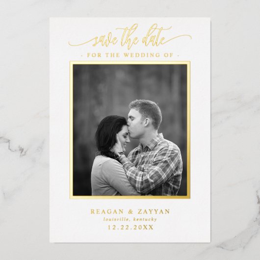 White and Gold Calligraphy Photo Save the Date Folie Uitnodiging (Voorkant)