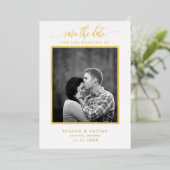 White and Gold Calligraphy Photo Save the Date Folie Uitnodiging (Staand Voorkant)