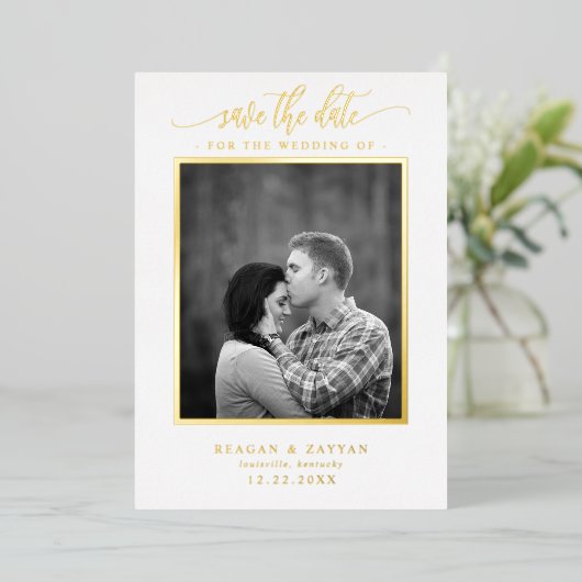 White and Gold Calligraphy Photo Save the Date Folie Uitnodiging (Staand Voorkant)