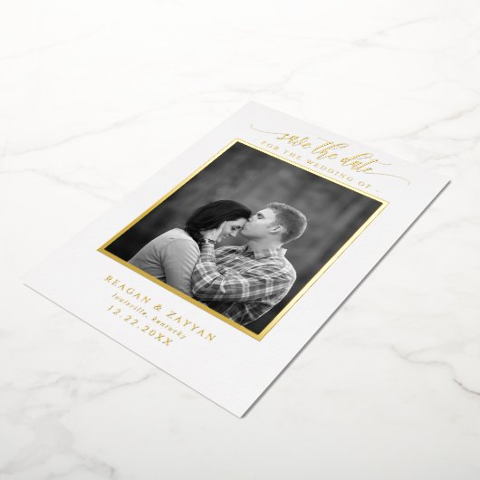 White and Gold Calligraphy Photo Save the Date Folie Uitnodiging (Gedraaid)