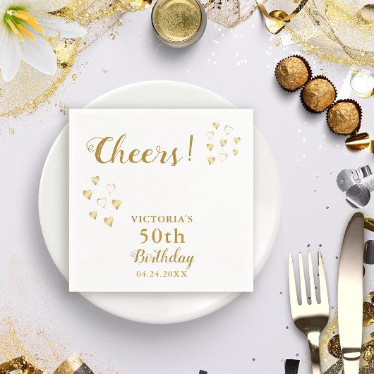White and Gold Cheers Custom Name 50th Birthday Servet