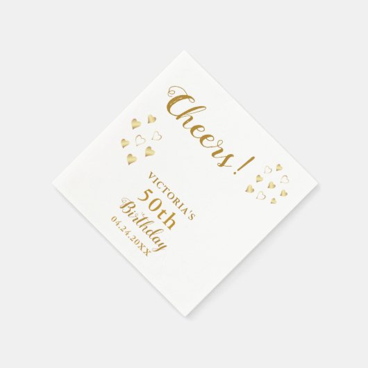 White and Gold Cheers Custom Name 50th Birthday Servet (Hoek)