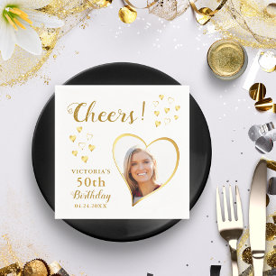 White and Gold Cheers Custom Photo 50th Birthday Servet