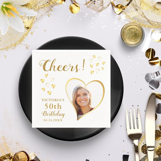 White and Gold Cheers Custom Photo 50th Birthday Servet