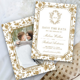 White and Gold Chinoiserie Crest Photo Wedding Save The Date