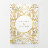 White and Gold Ethnic Mandala Indian Wedding Drieluik Uitnodiging (Cover)