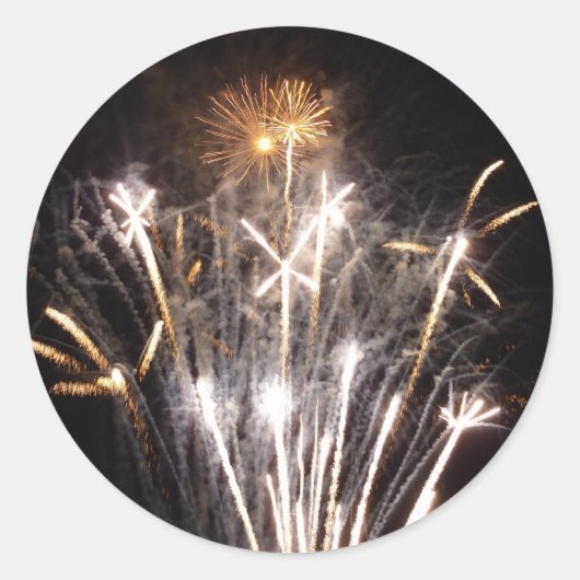 White and Gold Fireworks II Patriottic Celebration Ronde Sticker (Voorkant)