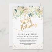 White and Gold Floral 30th Birthday Party Kaart (Voorkant)