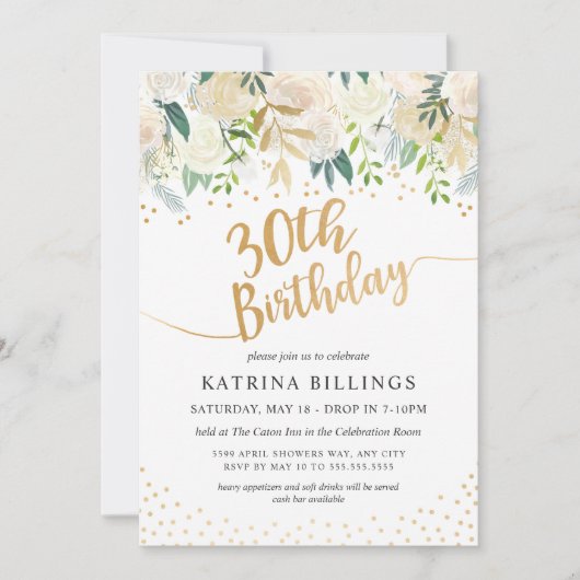 White and Gold Floral 30th Birthday Party Kaart (Voorkant)