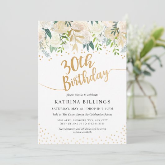White and Gold Floral 30th Birthday Party Kaart (Staand voorkant)