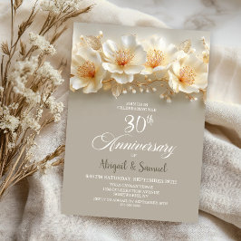 White and Gold Floral 30th Wedding Anniversary Kaart