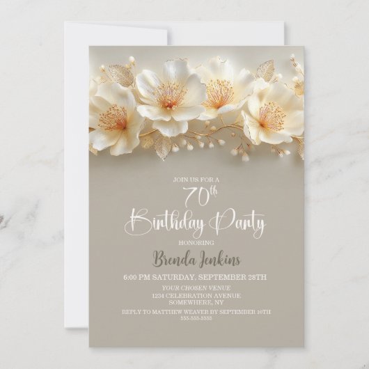 White and Gold Floral 70th Birthday Party Kaart (Voorkant)