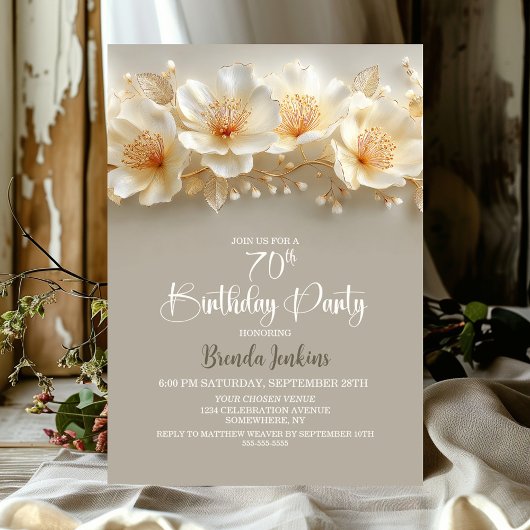 White and Gold Floral 70th Birthday Party Kaart