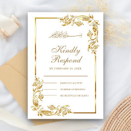 White and Gold Floral Border Islamic RSVP Kaartje