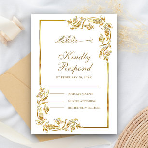 White and Gold Floral Border Islamic RSVP Kaartje