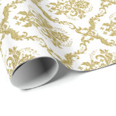 White and Gold Floral Damascus-looppatroon Cadeaupapier (Rol Hoek)