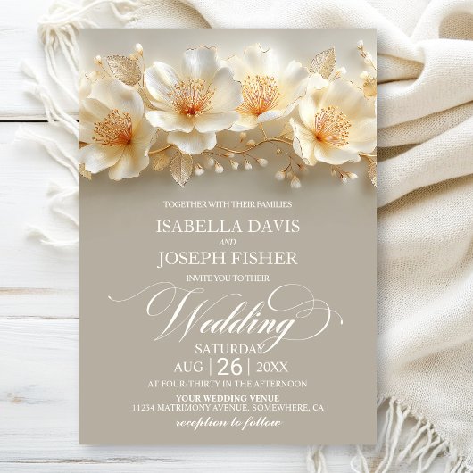 White and Gold Floral Wedding Kaart