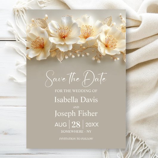 White and Gold Floral Wedding Save the Date Kaart