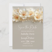 White and Gold Floral Wedding Save the Date Kaart (Voorkant)