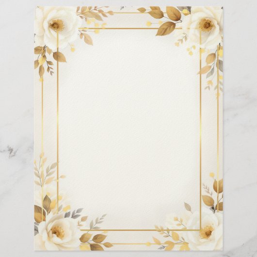 White and Gold Flowers and Double Frame Stationery Briefhoofd (Voorkant)