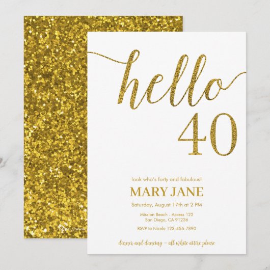 White and Gold Glitter 40th Birthday Invitation Kaart (Voorkant / Achterkant)