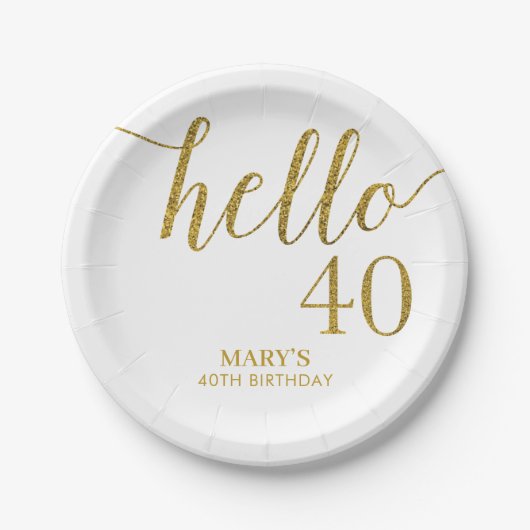 White and Gold Glitter 40th Birthday Papieren Bordje (Voorkant)