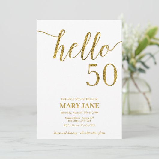 White and Gold Glitter 50th Birthday Invitation Kaart (Staand voorkant)