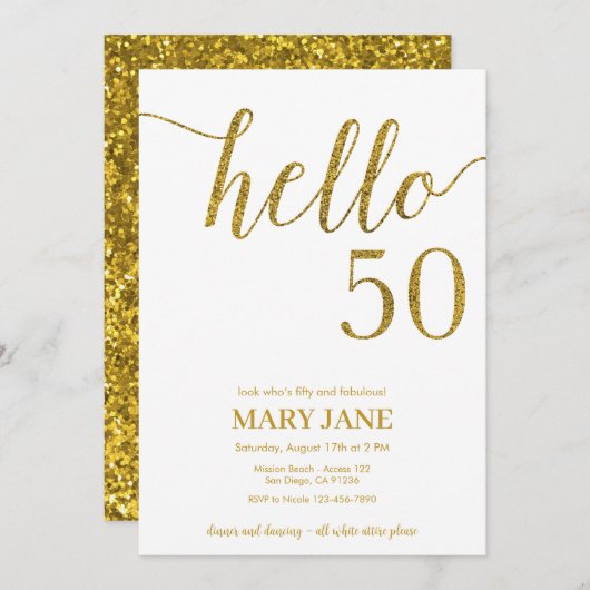 White and Gold Glitter 50th Birthday Invitation Kaart (Voorkant / Achterkant)