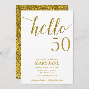 White and Gold Glitter 50th Birthday Invitation Kaart