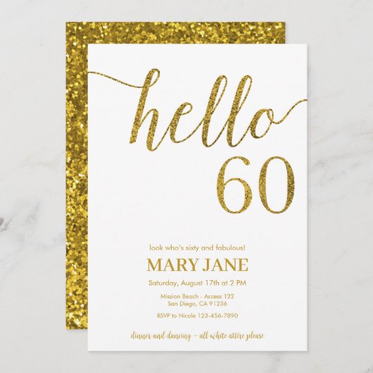 White and Gold Glitter 60th Birthday Invitation Kaart (Voorkant / Achterkant)
