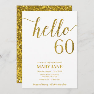 White and Gold Glitter 60th Birthday Invitation Kaart