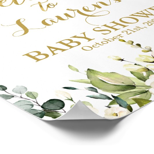 White and Gold Greenery Baby shower welkomstbord Poster (Hoek)
