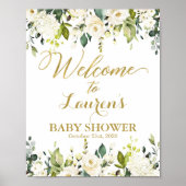 White and Gold Greenery Baby shower welkomstbord Poster (Voorkant)