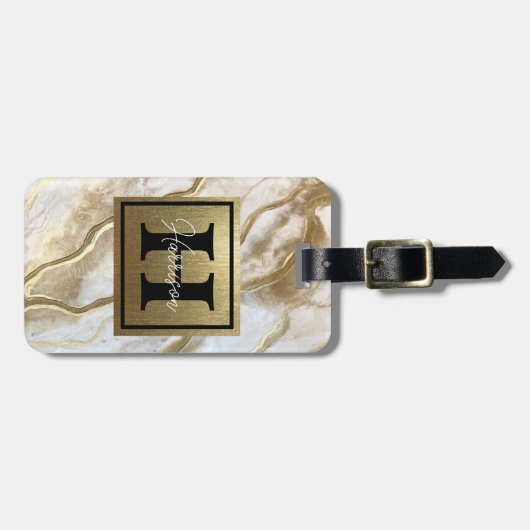 White and Gold Marble Monogram Name Persoonlijk Bagagelabel (Voorkant horizontaal)