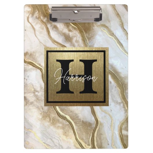 White and Gold Marble Monogram Name Persoonlijk Klembord (Voorkant)