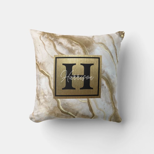 White and Gold Marble Monogram Name Persoonlijk Kussen (Voorkant)