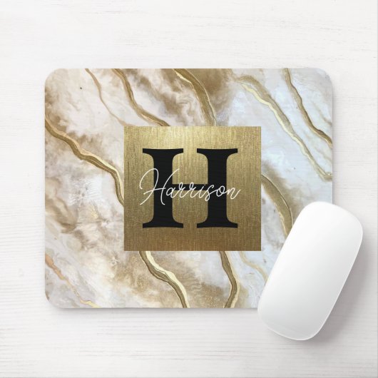 White and Gold Marble Monogram Name Persoonlijk Muismat (Met muis)